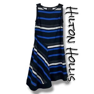 Hilton Hollis Size 6 Sheer Striped Asymmetric Midi Dress Blue Black Designer